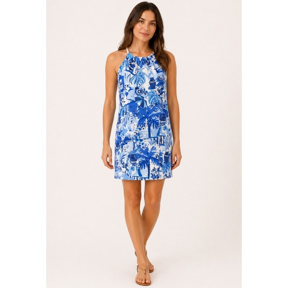 London Times Dresses & Skirts - NWT London Times Blue White Tropical Palm Halter Dress Womens 8 Linen Blend New
